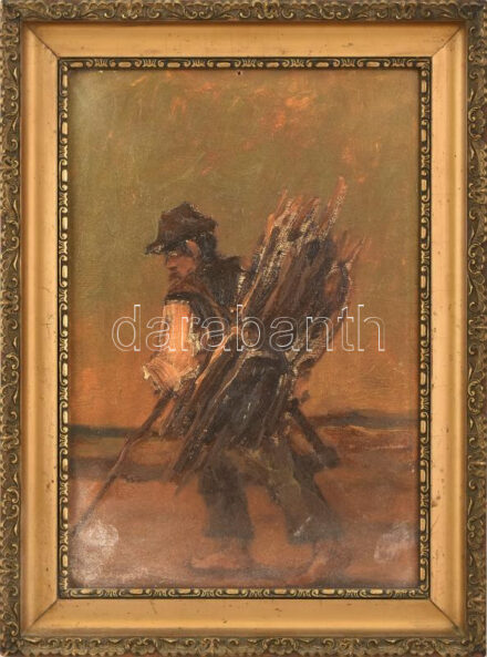 Sashegyi Kálmán, Vodicai (1886-1940): Rőzsehordó. Olaj, vászon kartonon, jelzett. Dekoratív, kissé sérült fa keretben, 24x34 cm