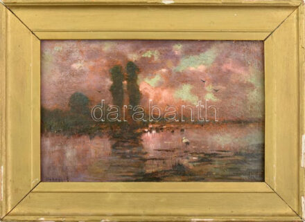 Urhegyi Alajos (1871-?): Alkony. Olaj, karton, jelzett, a hátoldalán autográf felirattal. Dekoratív, kissé sérült fakeretben, 14×23 cm