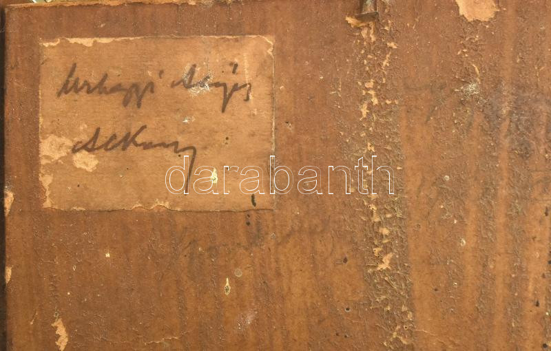 Urhegyi Alajos (1871-?): Alkony. Olaj, karton, jelzett, a hátoldalán autográf felirattal. Dekoratív, kissé sérült fakeretben, 14×23 cm - Image 3