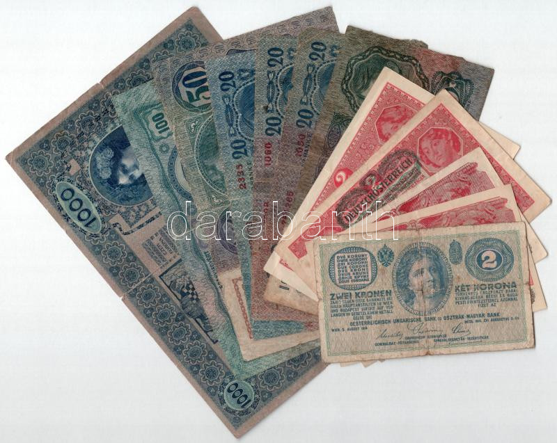 1902-1917. 1K-1000K (12xklf) közte több felülbélyegzéssel T:II--IV közte ragasztás, szakadás, folt, anyaghiány