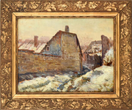 Jelzés nélkül: Városrészlet (Tabán?). Olaj, karton. Dekoratív, szecessziós stílusú fakeretben, 43×55 cm
