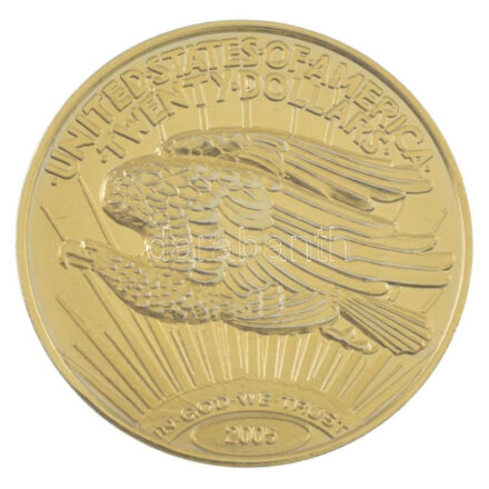 Németország 2005. aranyozott, jelzett Cu emlékérem az 1933-as 20$ alapján tokban, tanúsítvánnyal (34mm) T:1 Germany 2005. gilded, hallmarked Cu commemorative coin based on the 1933. 20 Dollars with certificate in case (34mm) C:UNC