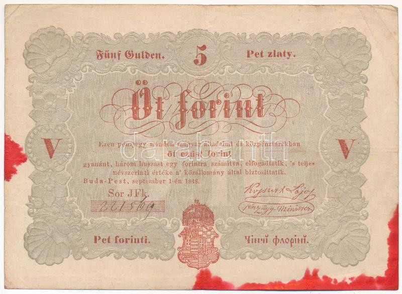 1848. 5Ft 'Kossuth bankó' vörösesbarna, piros tintafolttal (érvénytelenítés?) T:III Adamo G109