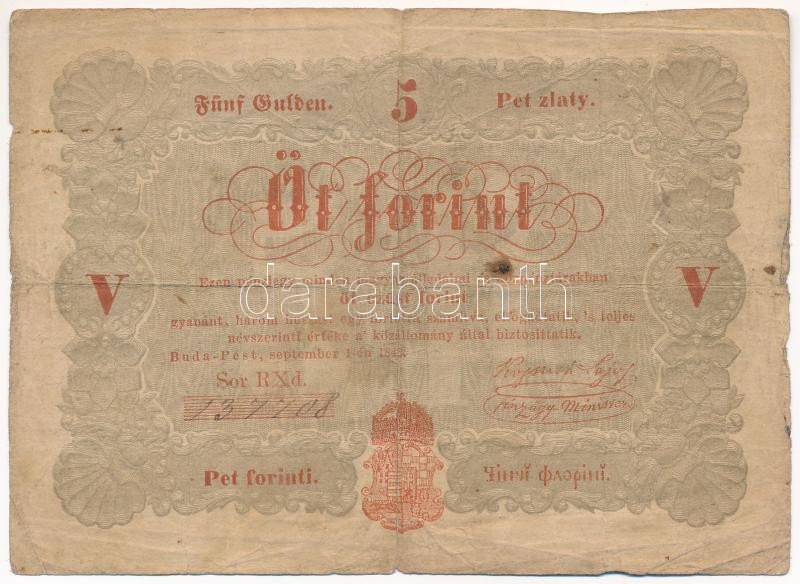 1848. 5Ft 'Kossuth bankó' vörösesbarna T:III- folt, kis szakadás Adamo G109