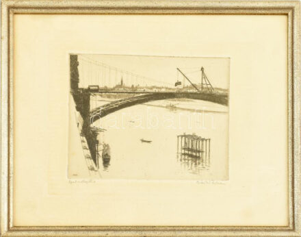 Zádor István (1882-1963): Épül a MArgithid Rézkarc, papír, jelzett, fakeretben, 16x21 cm