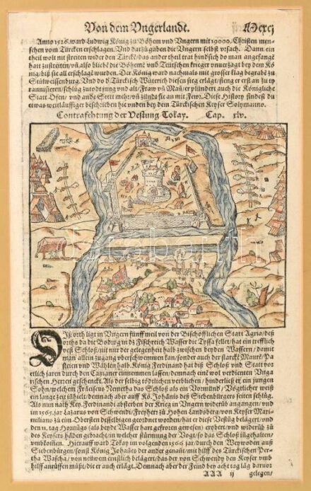 1580 'Contrafehtung der Vestung Tokay', Tokaj várának ostroma, In: Sebastian Münster: Cosmographia Universalis (Basel, 1580), kézzel színezett fametszet, papír, paszpartuban, a paszpartu szétvált, a papír részben levált a kartonról,