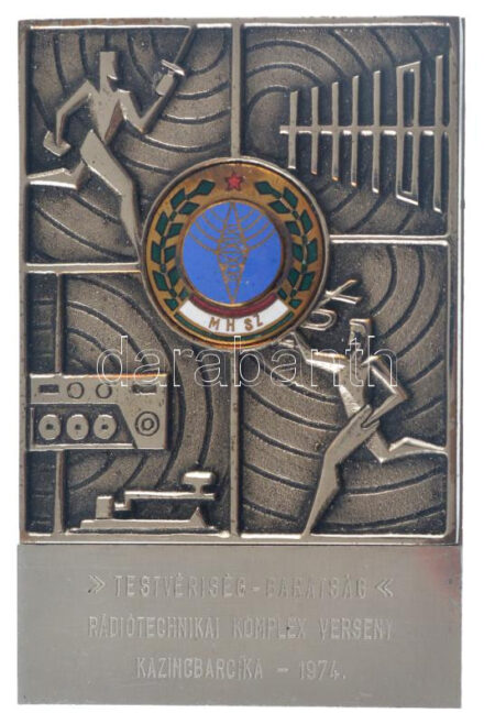 1974. 'Testvériség-Barátság Rádiótechnikai Komplex Verseny - Kazincbarcika 1974' fém plakett zománcozott 'MHSZ' rátéttel (65x98mm) T:2