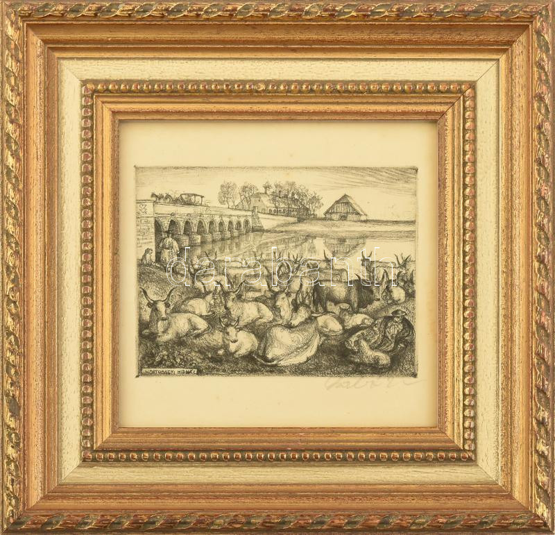 Szabó Vladimír (1905-1991): Hortobágyi hídnál. Rézkarc, papír, jelzett. Dekoratív, üvegezett fakeretben, 10,5×13,5 cm