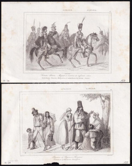 1842 Lemaitre, Augustin Francois (1797-1870) 4 metszete: Théátre á Pesth; Chateau de Huniade; Paysans et Payesanes Hongrois; Archiduc Palatin, Magnats et Membres De Différents Ordres; acélmetszetek, papír, 10x16 cm és 10x14 cm