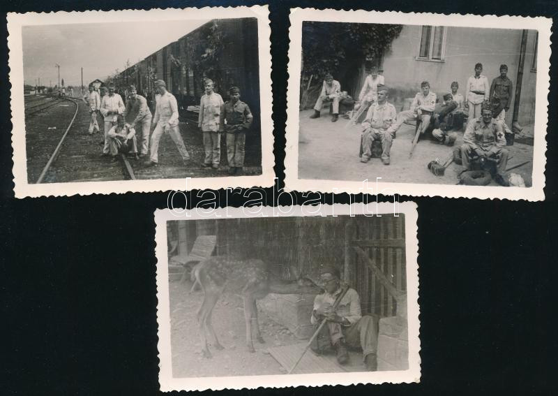 cca 1941 II. világháború, 3db fénykép: magyar katonák és orvosok útban a frontra, vintage fotó, jelzés nélkül, 6,5x9,5 cm