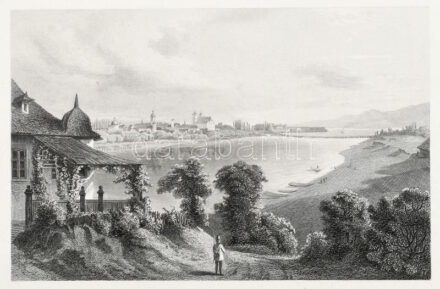 cca 1850 Ludwig Rohbock (1820-1883) - J. Riegel: Komárom a homokhegyről, Komorn vom Sandberge, acélmetszet, papír, paszpartuban, 11,5x17 cm