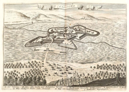 1698 'Canischa', Nagykanizsa látképe, alul jelmagyarázattal, In: Merian, Matthäus: Theatrum Europaeum. Frankfurt a. M., 1698. XIII. kötetében. Szalai: Nagykanizsa 1698/1., rézmetszet, papír, alul a lapon folttal, de egyébként, jó