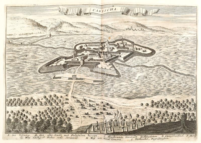 1698 'Canischa', Nagykanizsa látképe, alul jelmagyarázattal, In: Merian, Matthäus: Theatrum Europaeum. Frankfurt a. M., 1698. XIII. kötetében. Szalai: Nagykanizsa 1698/1., rézmetszet, papír, alul a lapon folttal, de egyébként, jó