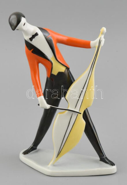 Hollóházi csellós fiú, kézzel festett porcelán, jelzett, hibátlan , m: 20 cm