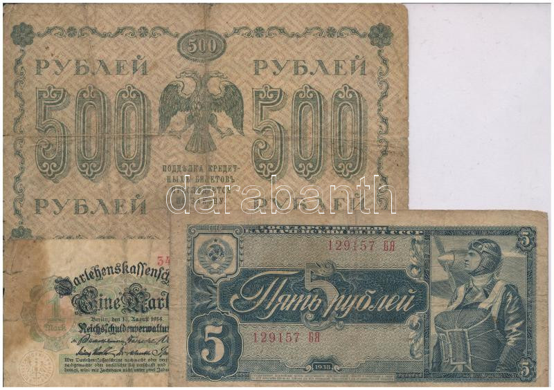 Szocialista Szövetségi Szovjet Köztársaság 1918. 500R + Szovjetunió 1938. 5R + Német Birodalom 1914. 1M T:III- Russian Socialist Federated Soviet Republic 1918. 500 Roubles + Soviet Union 1938. 5 Ruble + German Empire 1914. 1 Mark C:VG