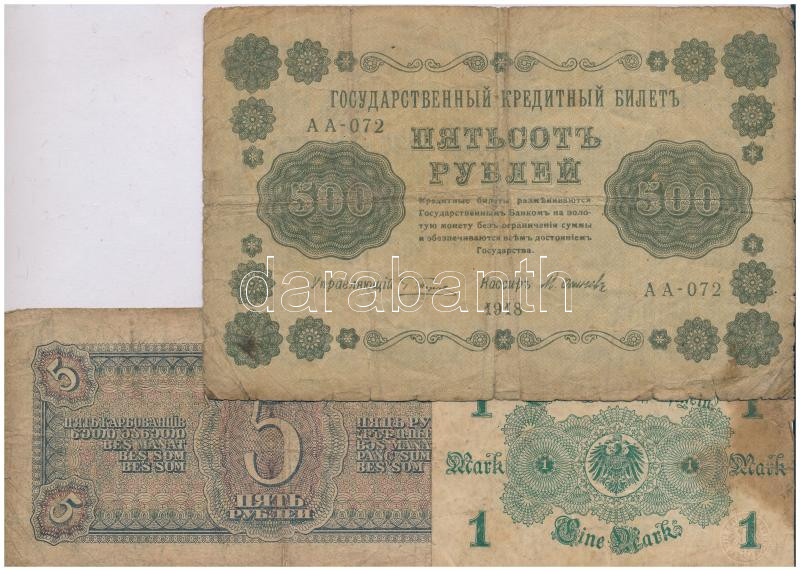 Szocialista Szövetségi Szovjet Köztársaság 1918. 500R + Szovjetunió 1938. 5R + Német Birodalom 1914. 1M T:III- Russian Socialist Federated Soviet Republic 1918. 500 Roubles + Soviet Union 1938. 5 Ruble + German Empire 1914. 1 Mark C:VG - Image 2