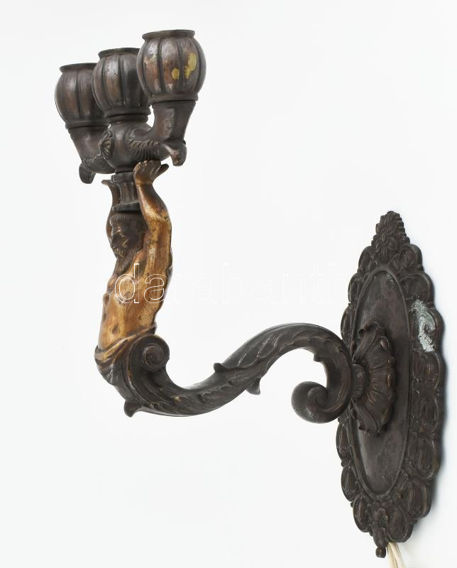 Antik masszív figurális bronz falikar (2db), kopásokkal, elektromos része felújítást igényel, 25x40 cm - Image 2