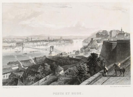 1859 Adolphe Rouargue (1810?-1870) - Eduard Willmann (1820-1877): 'Pesth et Bude.' Pest és Buda látképe, In: Voyage pittoresque en Allemagne partie meridionale (Paris, 1859), acélmetszet, papír, jelzett a nyomaton, paszpartuban, 11x17,5, lap: