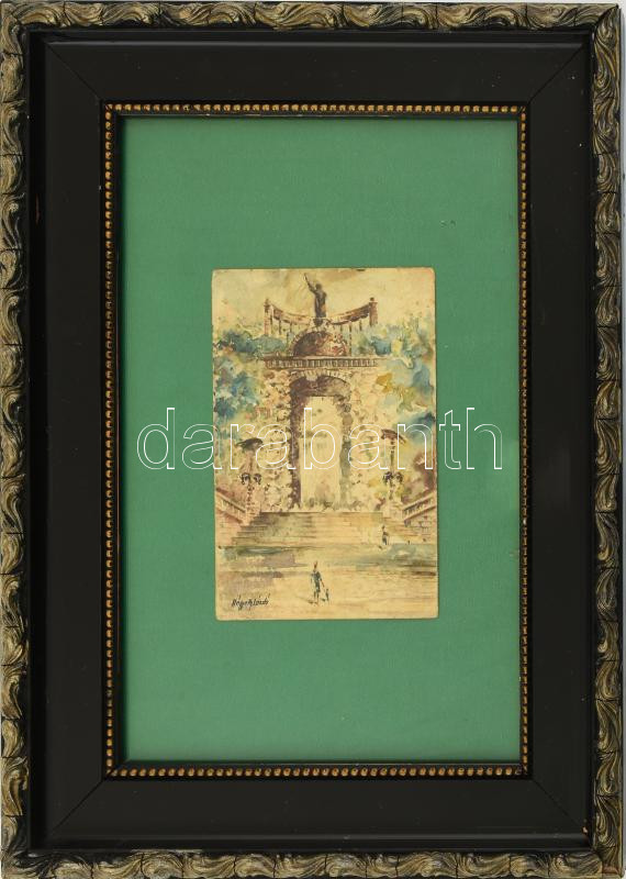 Németh László (-): Szent Gellért-szobor. Olaj, papír, szép keretben, jelzett, 13,5x8,5 cm