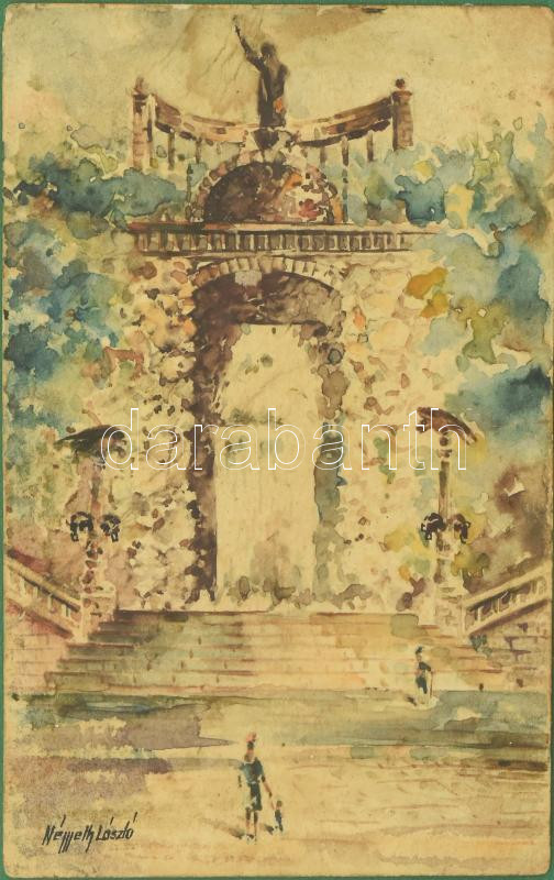 Németh László (-): Szent Gellért-szobor. Olaj, papír, szép keretben, jelzett, 13,5x8,5 cm - Image 2