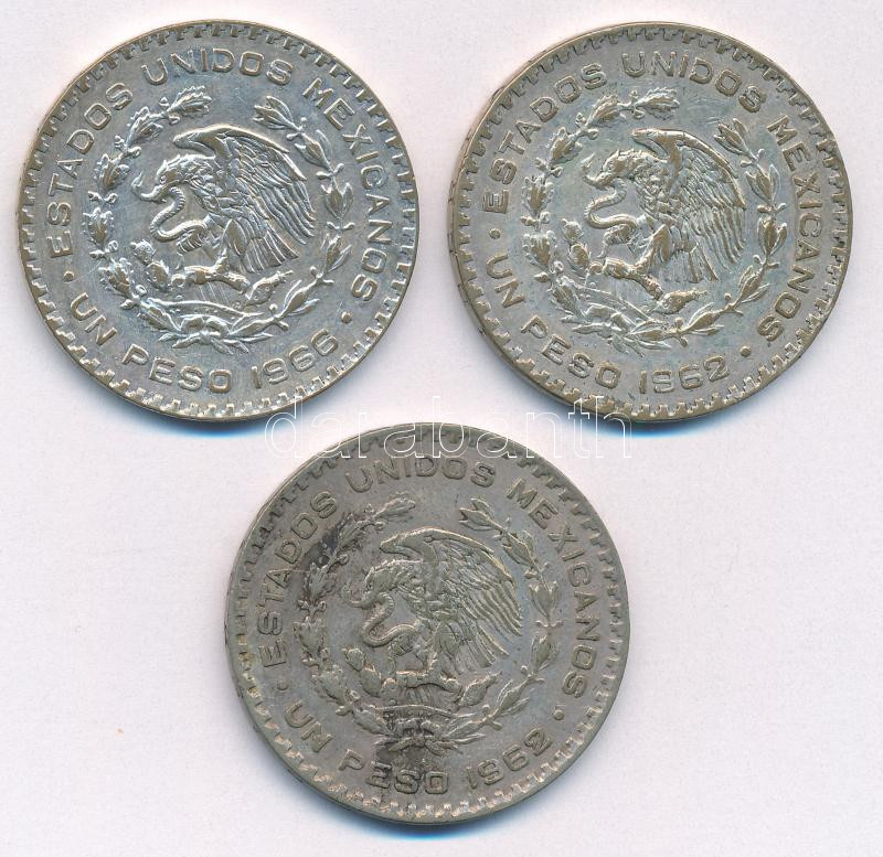 Mexikó 1962-1966. 1P Ag (3db, 2xklf) T:2-3 patina Mexico 1962-1966. 1 Peso Ag (3pcs, 2xdiff) C:XF-F patina Krause KM#459 - Image 2
