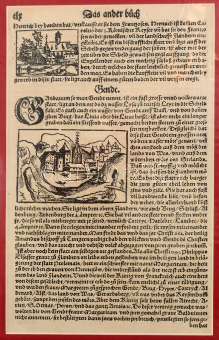 cca XVI. sz. Városábrázolások, In: Sebastian Münster: Cosmographie, ismeretlen XVI. sz. német nyelvű kiadás, papír, fametszet, paszpartuban, 26,5x16,5, paszpartu: 40x30 cm