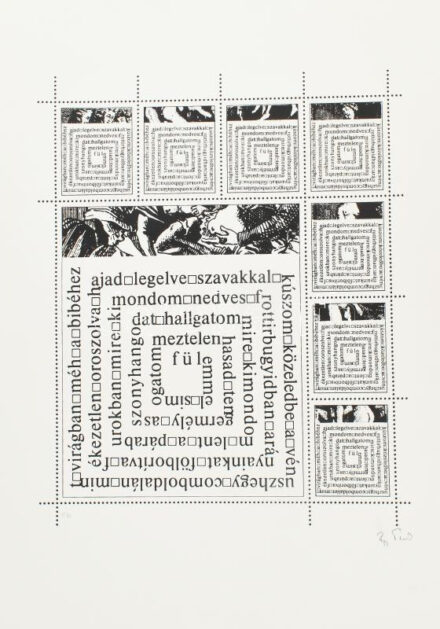 Papp Tibor (1936-2018): Szójáték. Szitanyomat, papír. Jelzett. Művészpéldány E.A. jelzéssel. Kis sérüléssel. 45,5x36 cm. Papp Tibor művészetéből az avantgárd sokszínűségét rekonstruálhatjuk: hagyományos értelemben vett