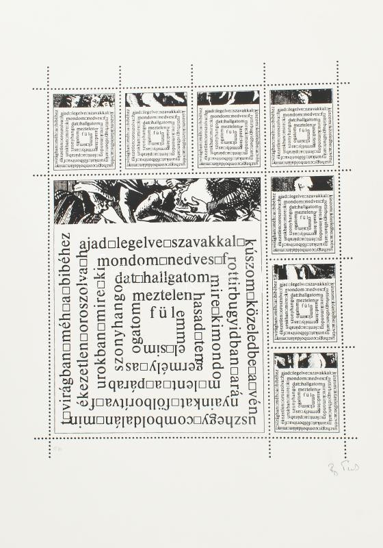 Papp Tibor (1936-2018): Szójáték. Szitanyomat, papír. Jelzett. Művészpéldány E.A. jelzéssel. Kis sérüléssel. 45,5x36 cm. Papp Tibor művészetéből az avantgárd sokszínűségét rekonstruálhatjuk: hagyományos értelemben vett