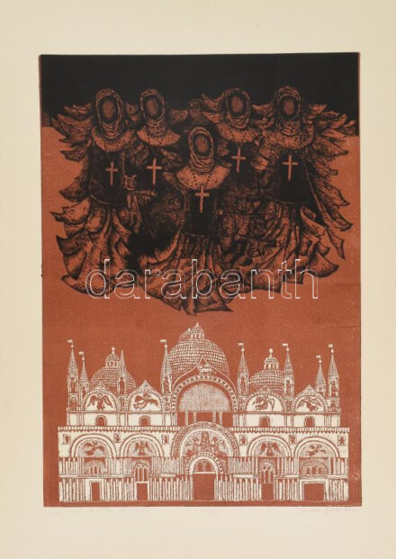 Molnár Gabriella (1940-): Apácák a San Marcon. Linómetszet, papír. Jelzett. Számozott: 24/50. Lapszéli kisebb szakadással. 50x35 cm