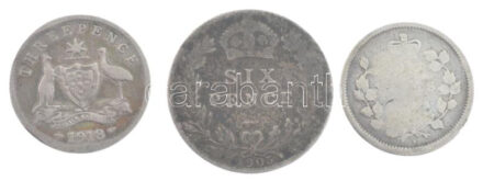 Kanada ~1858-1901. 5c Ag 'Viktória' (1,05g) + Nagy-Britannia 1906. 6p Ag 'VII. Eduárd' (2,67g) + Ausztrália 1918. 3p Ag 'V. György' (1,35g) T:3 patina, hajlott Canada ~1858-1901. 5 Cents Ag 'Victoria' (1,05g) + Great Britain 1906. 6 Pence Ag