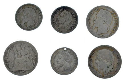 Franciaország / II. Császárság 1860. 20c Ag 'III. Napóleon' + 1862A-1866B 50 c Ag 'III. Napóleon' (2xklf) + 1866BB 20c Ag 'III. Napóleon' (2x) + Francia Indokína 1897. 10c Ag T:2-,3 közte lyuk France / II. Empire 1860. 20 Centimes Ag