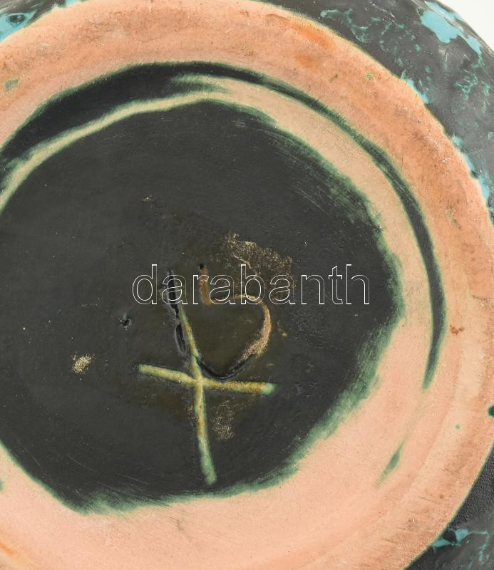 Retró, türkiz-fekete mázas kerámia váza, jelzett, hibátlan, m: 24 cm - Image 2
