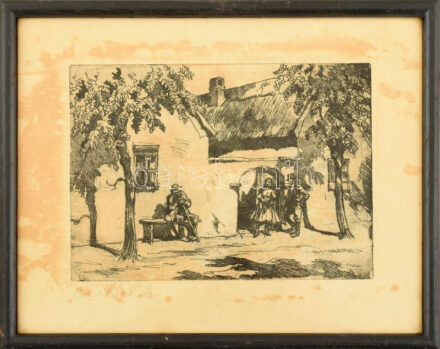 Csikós L. jelzéssel: Utcán. Rézkarc, papír, üvegezett keretben, foltos, 16×21 cm