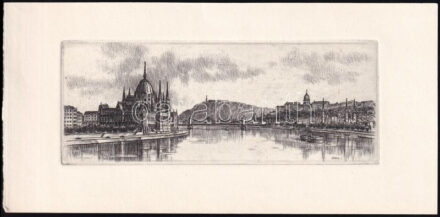 Vertel József (1922-1993): Budapesti panoráma. Rézkarc, papír, jelzett a karcon, 7×14 cm