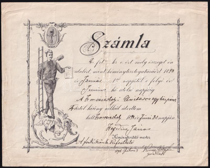 1898 Hódmezővásárhely, kéményseprő számla