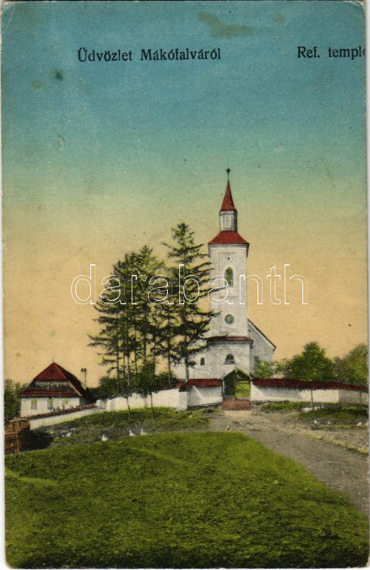 Mákófalva, Macau; Református templom. Hangya szövetkezet kiadása / Calvinist church (b)