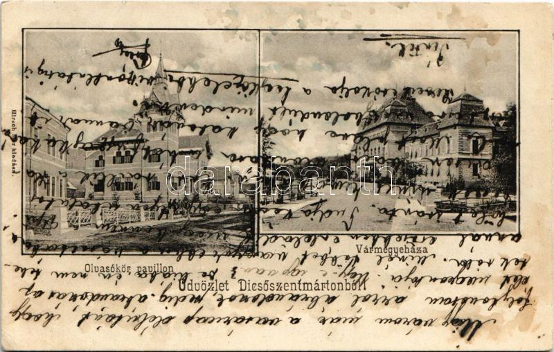 Dicsőszentmárton, Tarnaveni, Diciosanmartin; Olvasókör pavilon, vármegyeháza. Hirsch Mór kiadása / reading club's pavilion, county hall (fl)