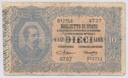 Olaszország 1923. 10L Szign.: Maltese és Rossolini T:III,III- lyuk Italy 1923. 10 Lire Sign.: Maltese and Rossolini C:F,VG hole Krause P# 20