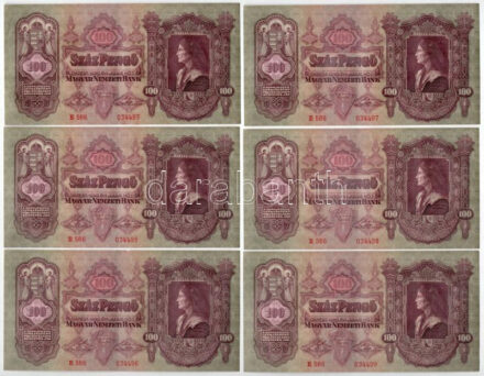 1930. 100P (6x) sorszámkövető és egy egyugrású sorszámmal 'E 566 034493 - E 566 034499' T:II az egyiken kis beszakadás, a másikon folt