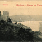 1905 Orsova, Al-Duna, Trikule, Háromtorony. Hutterer G. kiadása / tower ruins / Tricule (fa)