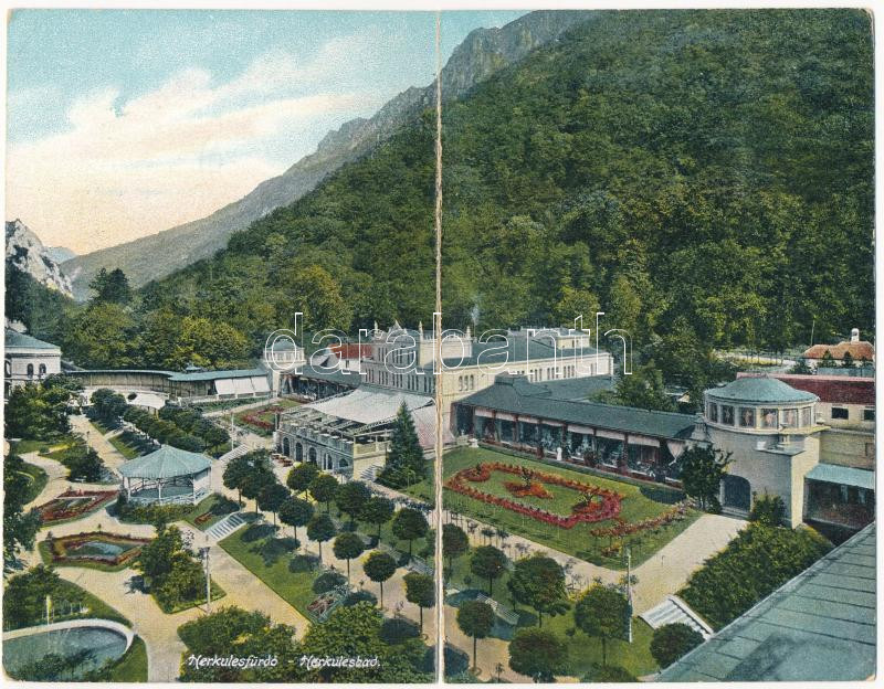 Herkulesfürdő, Baile Herculane; 2-részes kihajtható panorámalap. Eberle Keresztély kiadása / spa, bath. 2-tiled folding panoramacard (b)