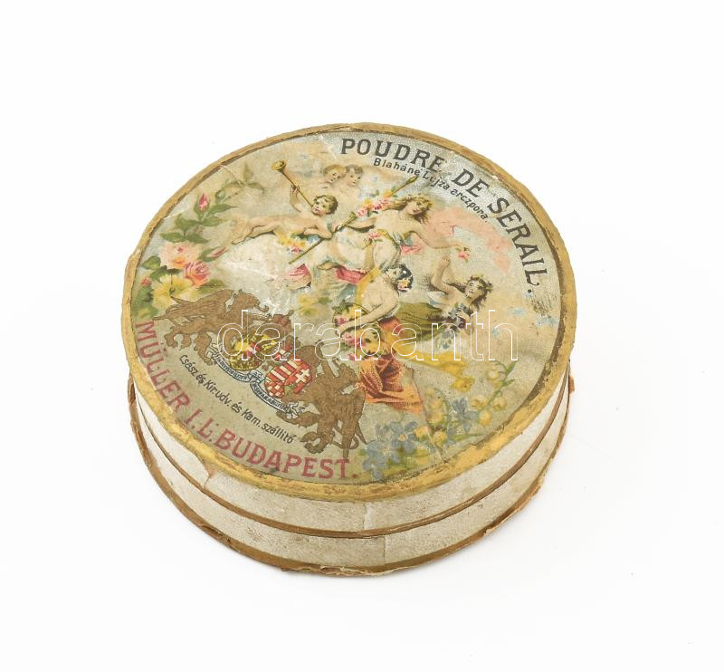 Müller I. K. Budapest púderes doboz. Papír. Litho. cca 1900. kopással d: 8,5 cm Blaháné Lujza arcpora felirattal