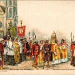 Budapest I. Ezredéves Országos Kiállítás, Királyi vár, Mátyás templom, Szent István napi körmenet, litho barna 2 Kr. Ga. s: K. L.