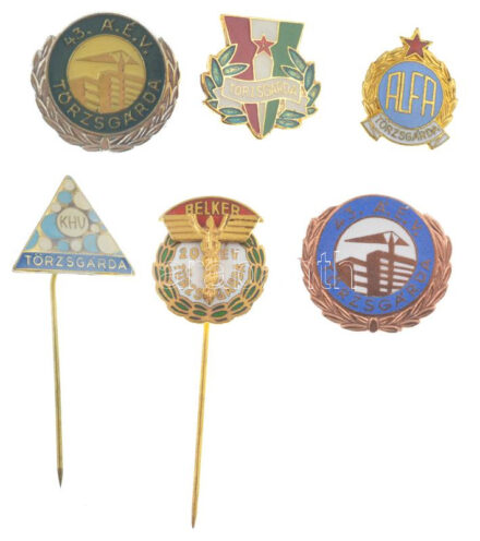 ~1970. 'Törzsgárda' 6xklf fém jelvény, közte zománcozott és műgyantás is. Benne: 43. Á.É.V. (2xklf), KHV, Belker, Alfa. T:1-2