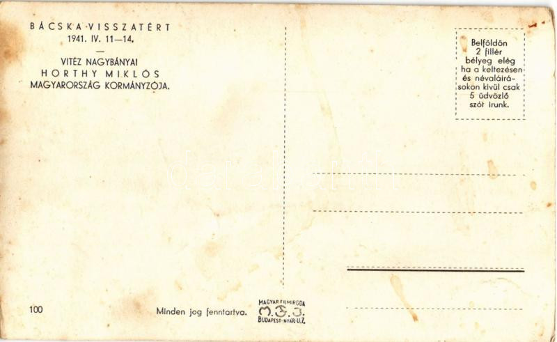 1941 Vitéz Nagybányai Horthy Miklós, Magyarország kormányzója. Bácska visszatérésének emlékére (fl) - Image 2