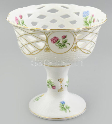 Hollóházi virágmintás nagy talpas kínáló, jelzett, hibátlan, m: 22 cm