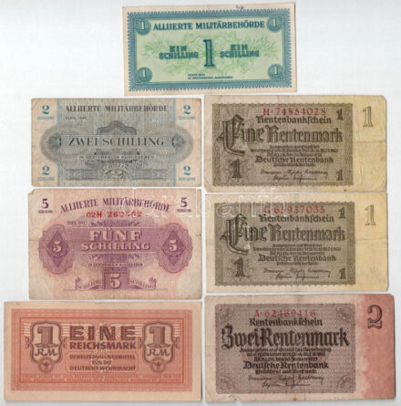 Német Harmadik Birodalom 1937. 1M (2x) + 2M + Ausztria / Szövetséges megszállás 1944. 1Sch + 2Sch + 5Sch + Német 3. Birodalom / Deutsche Wehrmacht 1942. 1M T:III,III- German Third Reich 1937. 1 Reichsmark + 2 Reichsmark + Austria / Allied