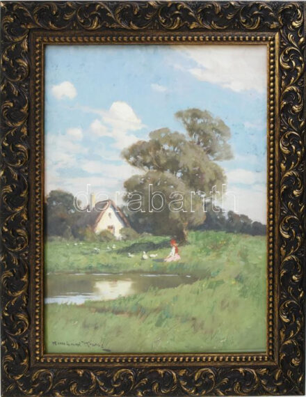 Komáromi Kacz Endre (1880-1969): Falusi élet. Olaj, karton, dekoratív keretben, jelzett, 43x32 cm