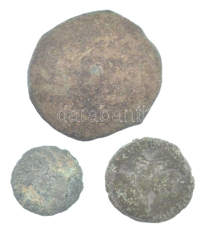 Római Birodalom 2xklf bronz érem, közte 'I. Constantinus' ~4. sz. eleje + bizánci tálkapénz T:2-,3 korrózió, patina Roman Empire 2xdiff bronze coin, within 'Constantinus I' early 4th century + Byzantine coin C:VF,F corrosion, patina