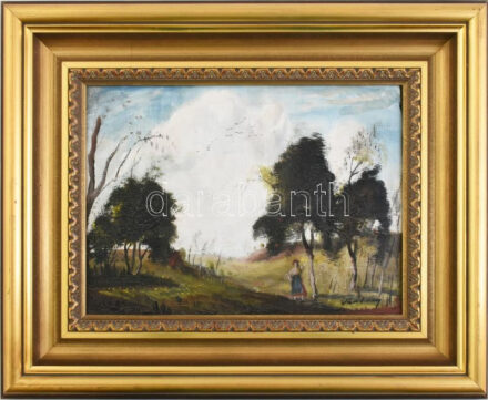 Olvashatatlan jelzéssel (Rudnay???): Lány a szabadban. Olaj, vászon, dekoratív keretben, 28x39 cm